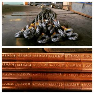 Vinte eslingas de cabo de aço 7x19 g2070 de 8 mm x 2 metros, completas com virola de cobre, dedal estampado em cada extremidade e carga de prova testada para 16,3 kN.