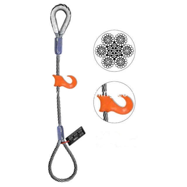 Flemish Eye Loop to Heavy-Duty Thimble HSI 3/8” Diameter Single-Leg Sliding Choker Hook Wire Rope Sling EIPS 6x25 IWRC 8’ Length 1.4 Ton Vertical Rated Capacity 