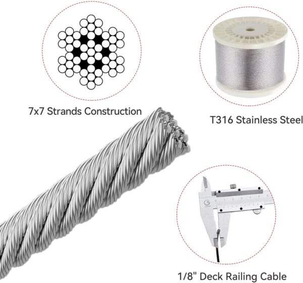 18 Stainless Steel Cable with Cutter7x7 Strands ConstructionT316 Stainless Steel for Deck RailingPorch FenceString Lights Hanging Wire 150FT 2