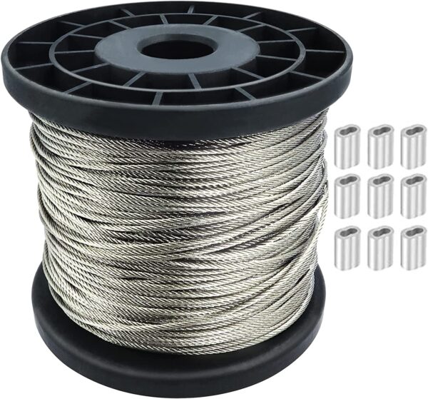 Perfeito para varais ao ar livre ou artesanato 1/16 Corda de aço Corda de aço inoxidável 304, Cabo de aeronave de 250 pés com mangas de 120 peças, Núcleo de fio 7x7 Cabo de aço resistente para suportar carga de 368 libras