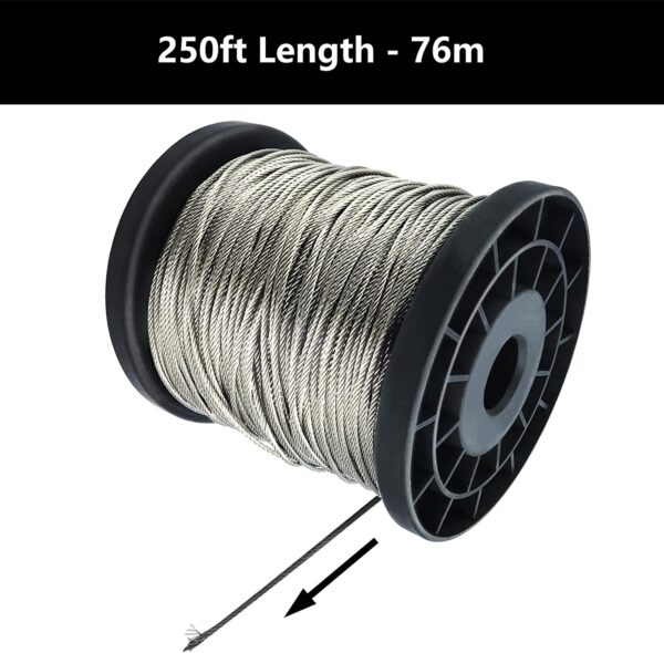 304 Drátěný kabel z nerezové oceli 250ft Letecký kabel se 120 ks objímky 7x7 vláknové jádro 368lbs 3