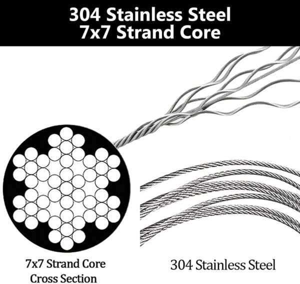 Perfect for Outdoor Clotheslines or Crafts 1/16 Wire Rope 304 Stainless Steel Wire Rope, 250ft Aircraft Cable with 120Pcs Sleeves, 7x7 Strand Core 368lbs Strong Load-Bearing Steel Cable - Image 5