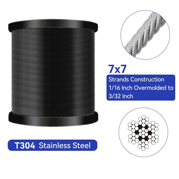Vinyl Coated Wire RopeBlack 304 Stainless Steel 116 Inch Overmolded to 332 Inchwith Cutter 7x7 Strands ConstructionOutdoor Light Guide Wire 2