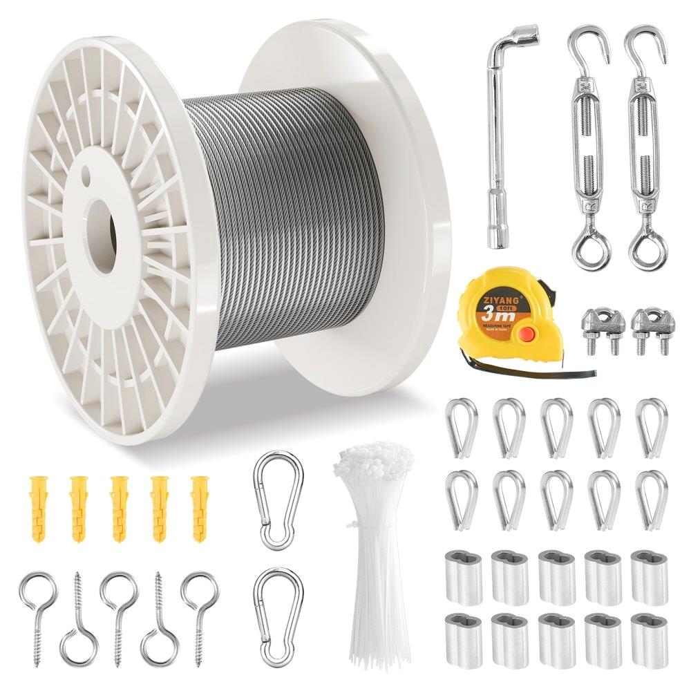 100ft T304 Stainless Steel Wire Rope Cable, 1/8 inch diameter, 7x7 construction, with installation kit, durable and corrosion-resistant, for railing applications