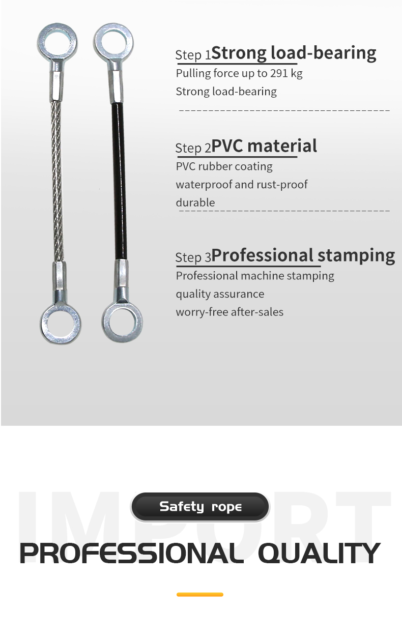 M8 galvanized eyelet termination on a **PVC coated safety lanyard**, showcasing **eyelet ended wire rope** design.